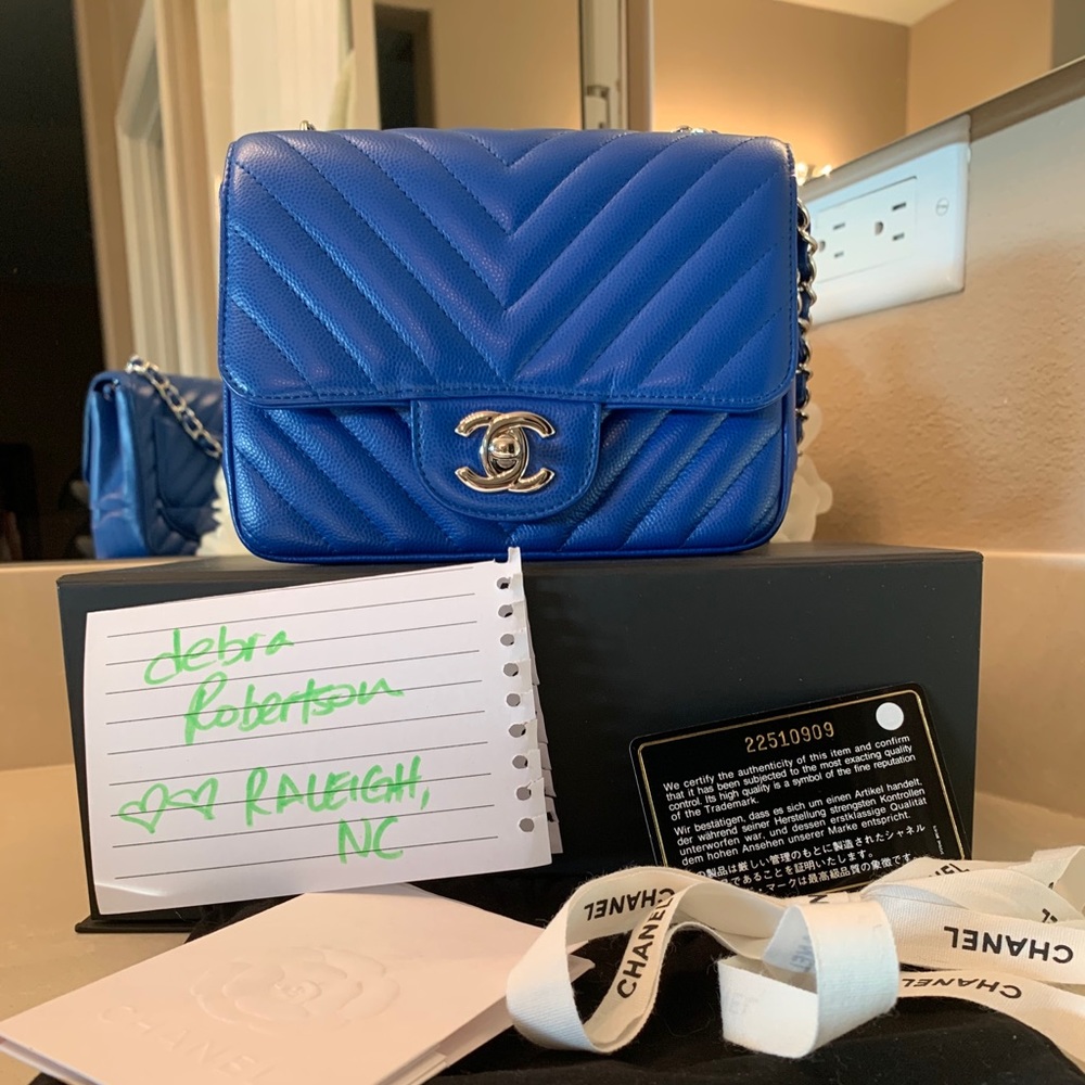 Chanel 22S Blue Chevron caviar square mini shw